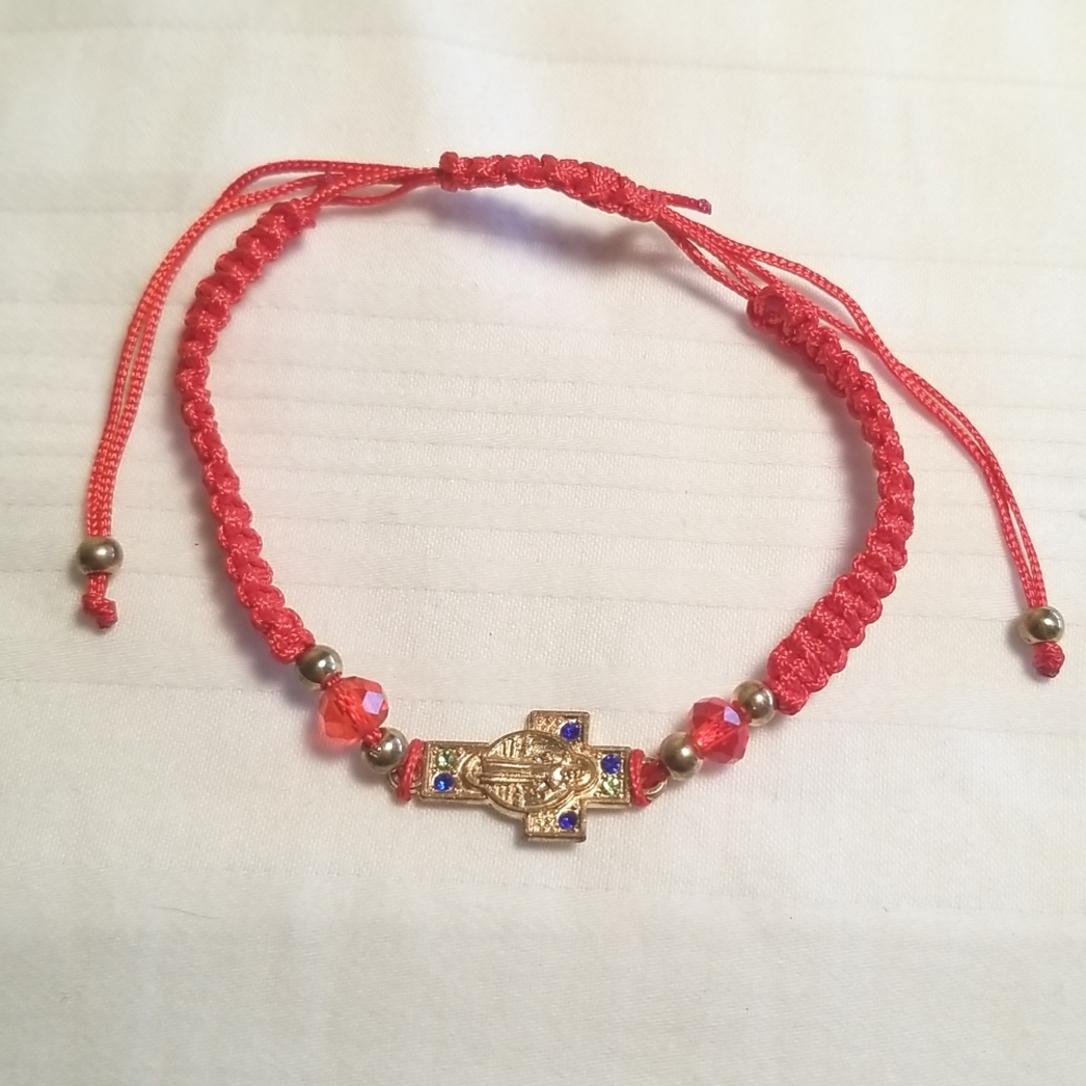 Gold Red Cross Rhinestone Religious Bracelet